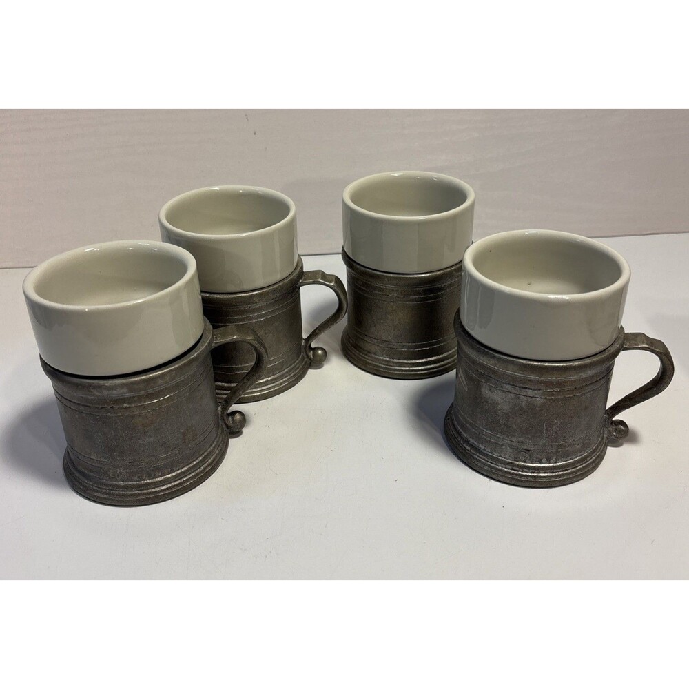 Vintage Wilton Armetale RWP Pewter Plough Tavern Mugs Ceramic Inserts Set Of 4
